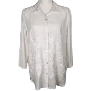 J Jill Embroidered Linen Shirt Mother of Pearl Buttons Medium P Ivory Coastal